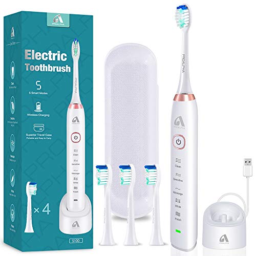 Proalpha Sonic Rechargeable Electric Toothbrush for Adult, 4 Brush Heads Tracel Case Included, 5 Modes with 2 Minutes Timer, IPX7 Waterproof Power Whitening Toothbrush, Dentists Recommend S100 White