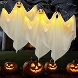 Hyunlai Halloween Deko Geister mit Licht, 3 Stück 70cm Halloween Hängende Geist, HalloweenWindsäcke Outdoor Deko, Gartendeko Geistergesicht für Innen Außen Vorgarten, Terrasse, Rasen, Partydekor