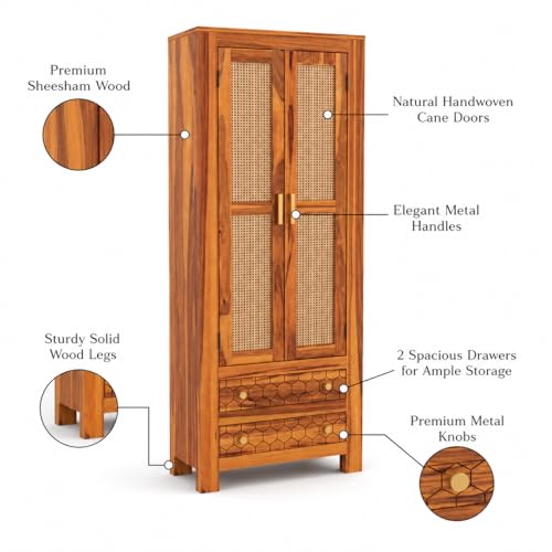 Image of PS DECOR Solid Sheesham Wood Book Shelf Cabinet with Cane Rattan Doors & 2 Drawers | Modern Wooden Bookshelf Storage Unit for Home Library, Living Room & Office (Honey Finish)