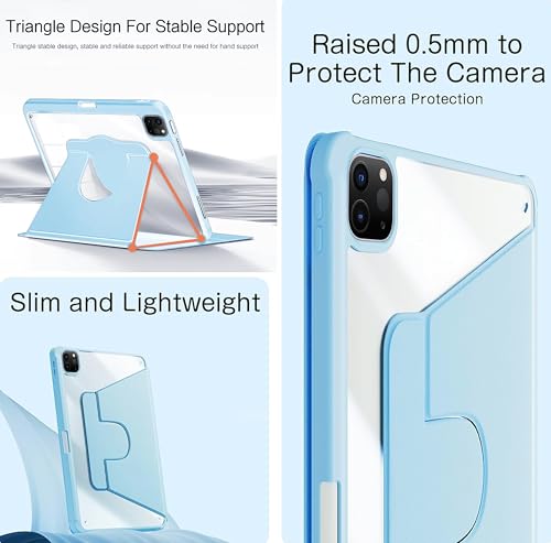 Image of TGK Rotating Case for iPad Pro 12.9 inch (2022 /2021 /2020 /2018, 6th /5th /4th /3rd Gen) with Pencil Holder 360 Degree Rotation Protective Trifold Stand Cover Clear Back (Sky Blue)