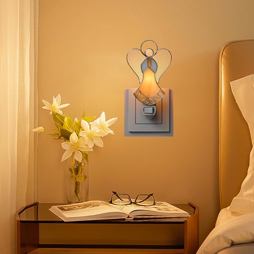 Image of Stained Glass Guardian Angel Night Lights Plug in,Yellow Color | Silver Chrome Stained Glass Night Lights Plug into Wall,Nightlights for Bedroom Kitchen,Gifts for Mom Birthday Christmas