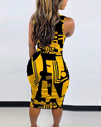 Image of ECHOINE Women's Vintage Print Bodycon Midi Dress Sleeveless Mock Neck Slim Fit Party Club Dress