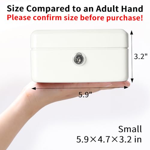Image of Decaller Small Cash Box with Key Lock, Double Layer Metal Money Box for Home Security, Portable Locking Box, 5.9 inch x 4.7 inch x 3.2 inch, White