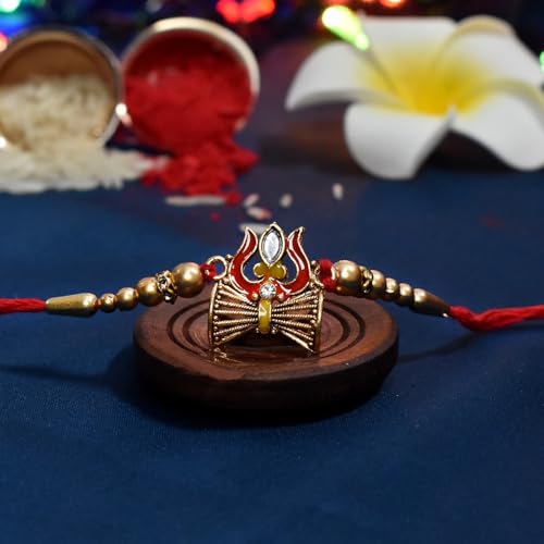 Image of Oblivion Peacock Mor and Mahadev Trishul Rakhi Pair for Brother with Silver Colour Pooja Thali, Roli Chawal, Coin and Greeting Card
