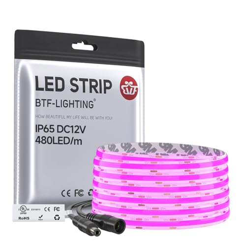 Image of BTF-LIGHTING FCOB IP65 Waterproof Purple Color COB LED Strip 16.4FT DC12V 480LED /m 8mm Width Flexible High Density CRI 90+ Dimmable LED Light for Home Indoor Decor(No Controller or Adapter)
