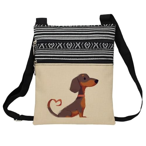 Cartoon Dachshund Messenger Bag Small Ethnic Pattern Printed Adjustable Strap Crossbody Zipper Bag Cartoon Dachshund Phone Bag Wallet Cute Shoulder Handbag for Women
