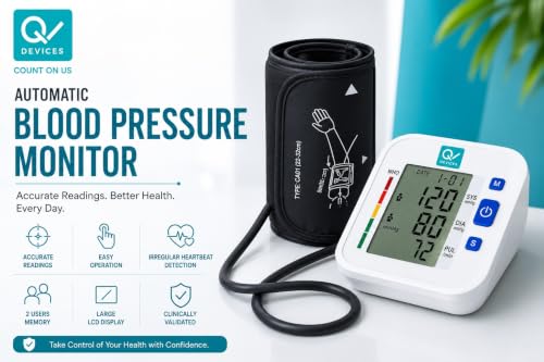 Image of Q DEVICES Digital Blood Pressure Monitor for Home Use - Fully Automatic Upper Arm BP Machine with Large LCD Display, 2 User Memory (198 Readings) & Adjustable 360 Extra-Wide Long Cuff - 4 AAA Batteries Included (White /Black)