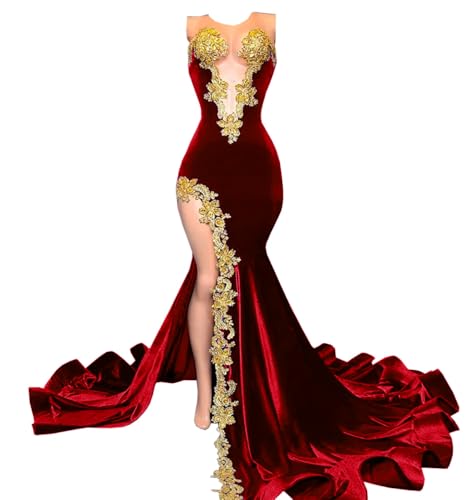 Image of Velvet Prom Dresses Beaded Applique Sleeveless Celebrity Pageant Split Mermaid Evening Gala Gown
