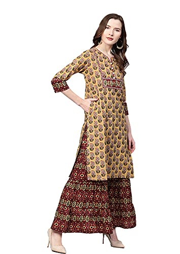 Image of Yash Gallery Women's Cotton Floral Printed Straight Kurta Sharara Set for Women