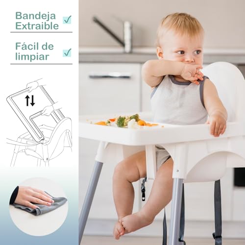 Miniatura 3 de Trona Alta Premium Con Bandeja Extraíble Trona Para Bebé Apilable, Desmontable Y Fácil De Limpiar Patas Acero Cinturón Seguridad Para Hogar Y Hostelería Compatible Con Ikea Antilop