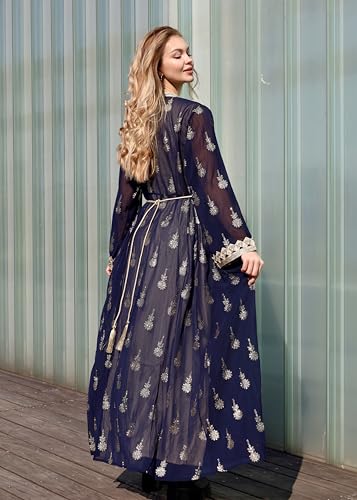 Image of HUSN Embroidered Two-Piece Abaya Set Long Cardigan with Gold Embroidery with Plus Size Inner Slip Kaftan for Eid