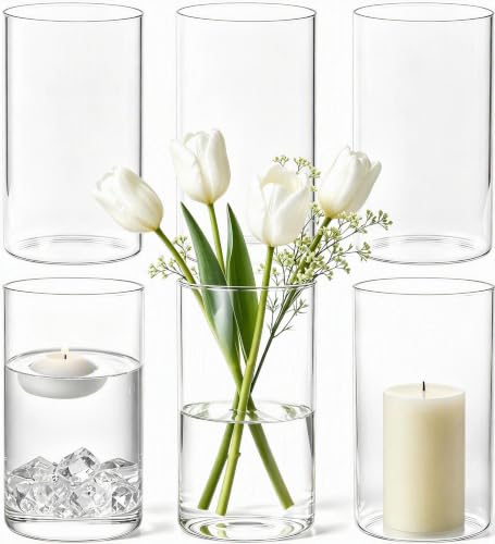 Clear Glass Cylinder Vases for Flowers, Set of 6 Decorative Straight-Sided Vases, Modern Minimalist Design, Wedding Centerpiece, Home Decor (6 in, 6 PCS)