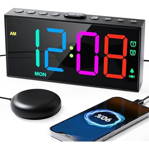 RGB Display Vibrating Alarm Clock with Bed Shaker for Heavy Sleepers Adults