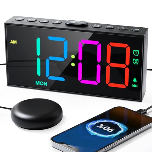 Roxicosly RGB Display Vibrating Alarm Clock with Bed Shaker for Heavy Sleepers Adults, 7 Level