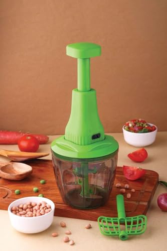 Image of Manual Push Chopper 1100ml for Kitchen Use, 5 Blade Vegetable & Fruit Cutter with Whisker, Multipurpose Food Chopper for Onion, Garlic, Ginger, Tomato, Salad & More (Multicolor) (1, 1100 ML)