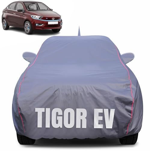 Image of 100% Waterproof Car Body Cover for Tata Tigor EV with Mirror Pocket (Heat & UV Resistant, Triple Stitched, Soft Lining, Bottom Elastic & Piping) Grey