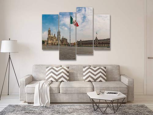 Canvas Wall Art Painting Pictures Panoramic View Of Zocalo And Cathedral Mexico City, Mexico Modern Artwork Framed Posters For Living Room Ready To Hang Home Decor 4Panel #TOP2