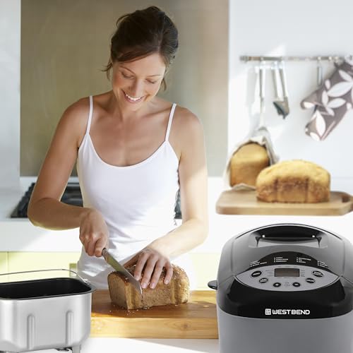West Bend Hi-Rise Bread Maker Machine Programmable 12 Programs Including Gluten Free & 3 Loaf Sizes and Crust Colors with Traditionally-Shaped Horizontal Bread Pan with Dual Knead Blades, 3-Lb, Gray