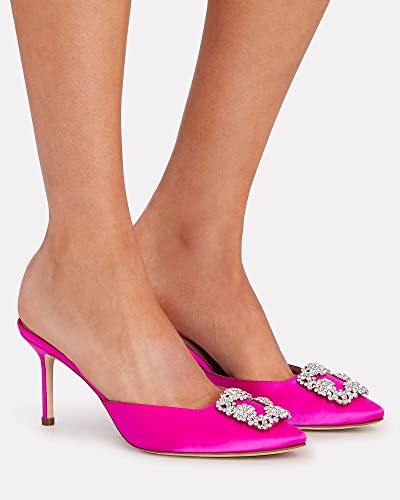 Coutgo Womens Pointed Toe Mule Sandals With Rhinestone Stiletto High Heel Bridal Evening Party Wedding Satin Dress Shoes Rose Red #TOP3