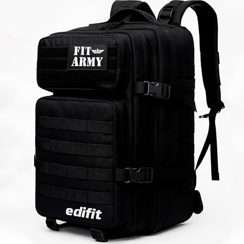 EDIFIT, Mochila Crossfit, 45L, Militar, Tactica, para Gimnasio, Senderismo, Acampada o Supervivencia, Unisex, Resistente, con Multiples Bolsillos (Full Black)