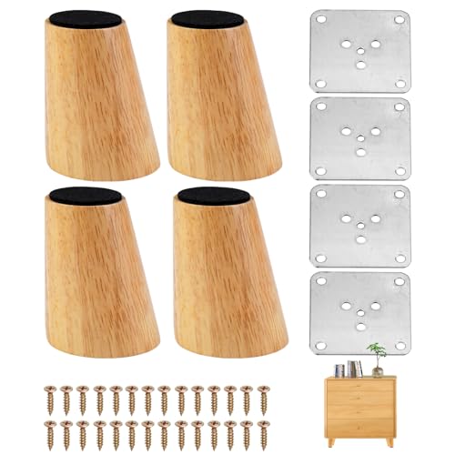 4 Piezas 6 cm Aumento Patas de Madera para Muebles,Patas Cónicas con Inclinación,Patas para Mesitas de Noche con Placa de Montaje, Patas de Madera para Sofá, Mesilla de Noche, Armario, Cómoda, Cama