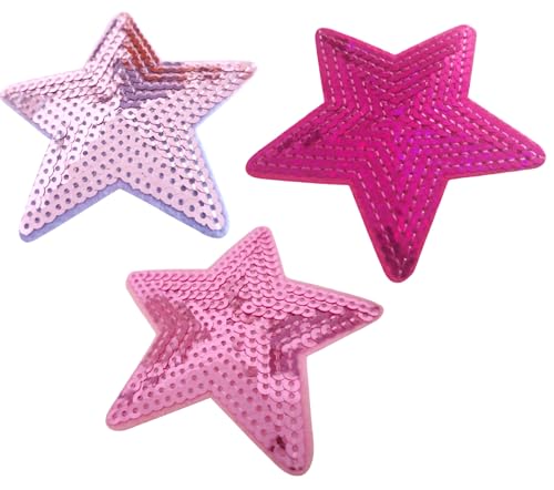 Lot de 3 écussons thermocollants Paillettes Étoiles Rose Clair Rose Foncé Fuchsia 9 cm