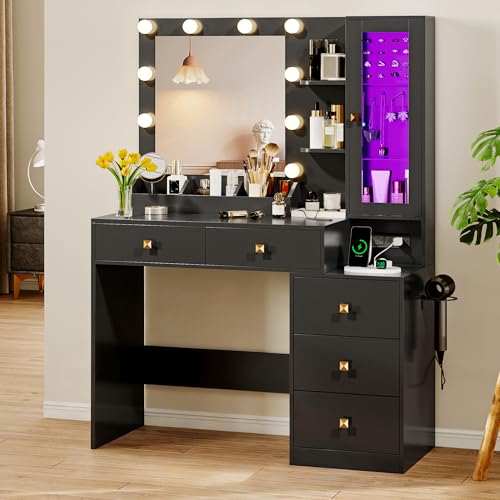 Image of Xixini Vanity Desk with Mirror and Lights, Makeup Vanity Table Set with 5 Storage Drawers, Power Outlet, Small Dressing Table with RGB Ambient Light, Adjustable Brightness for Girls Bedroom, Black