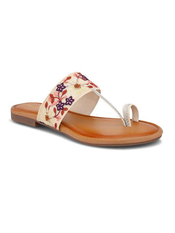 Image of XE Looks Women's Embroidered Toe-Ring Flats | Elegant Floral Strap Design with Cushioned Footbed | Stylish & Comfortable Ethnic Sandals for Girls & Women