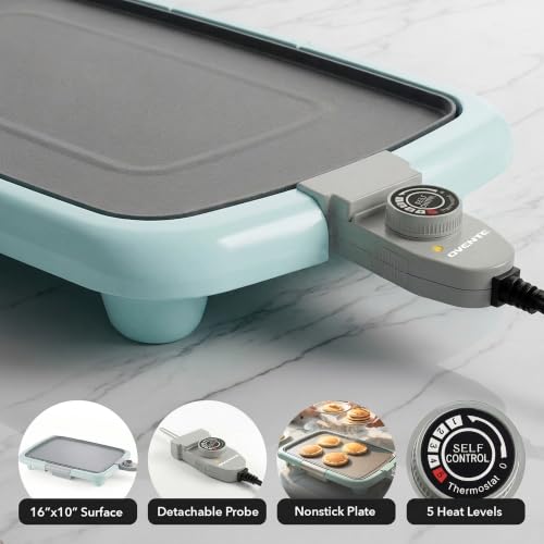 Image of OVENTE Electric Griddle with 16 x 10 Inch Non-Stick Plate, Blue GD1610LBL | Removable and Adjustable Temperature Control, Indoor Grill perfect for Instant Breakfast, Pancakes, Eggs or Burgers