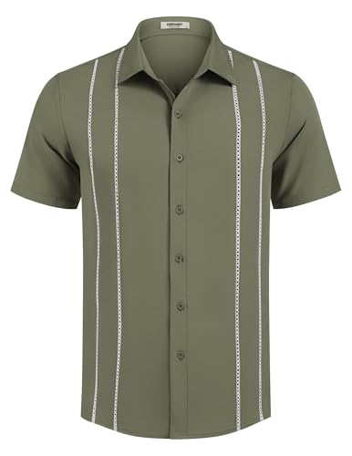 Image of COOFANDY Mens Cuban Guayabera Shirt Short Sleeve Button Down Shirts Summer Beach Vacation Shirts