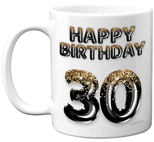 Stuff4 30th Birthday Gift for Men - Black Gold Glitter Balloons - Happy Birthday Mug Present for 30 Year Old Son Brother Colleague Cousin Friend, 11oz Ceramic Dishwasher Safe Coffee Mugs Cup