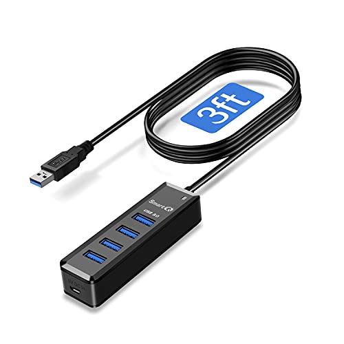 SmartQ H302 4-Port USB 3.0 Hub with 3ft Long Cable,Fast Data Transfer USB Splitter for Laptop,Multi USB Port Expander with Micro-B Charging Port, for Windows PC, Mac, Surface Pro, Printer, Mobile HDD