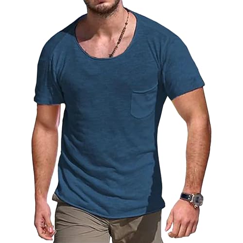 Men Solid Round Neck Pocket T-Shirt Short Sleeve Classic Cozy Lightweight Shirt Summer Casual Basic Sport Tops (Blue,3X-Large)