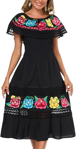 Image of YZXDORWJ Women Embroidered Mexican Peasant Casual Sexy Lace Off-Shoulder Long Dress
