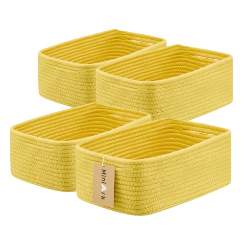 Small Storage Baskets for Organizing | Closet Organizer Bins | Shelf Toy Basket | Woven Rope Baskets | Cube Decorative Box | Shallow Basket | 13x8.5x5.1” | 4 Packs Yellow