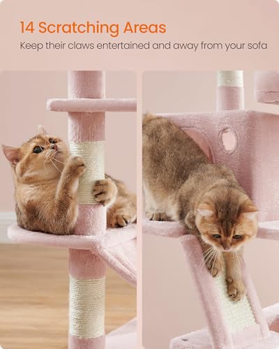 Image of Feandrea Cat Tree, 66.1-Inch Large Cat Tower, Multi-Level Plush Condo with 13 Scratching Posts, 2 Perches, 2 Caves, Basket, Hammock, Pompoms, Jelly Pink UPCT165P01
