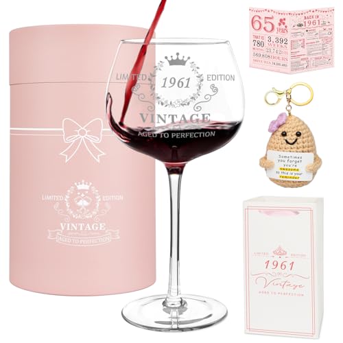 Vanqruo 65th Birthday Gifts for Women Vintage 1961 Platinum Print Wine Glass 65th Birthday Decorations for Women Happy 65 Year Old Gift Ideas for Her Wife Friends - 16Oz Wine Glass