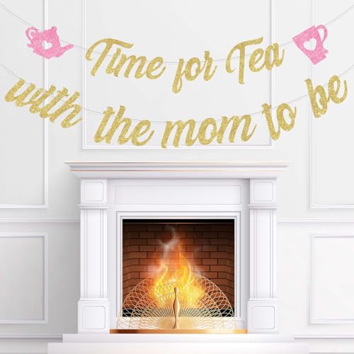 Image of Cheereveal Pink Gold Glitter Tea with Mom to Be Banner, Vintage Teacup Teapot Printed Sign for Afternoon Tea Baby Shower Pregnancy Announcement Gender Reveal Party Decorations Supplies