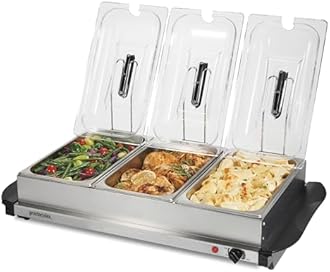 Proctor Silex Buffet Server & Food Warmer, Adjustable Heat, for Parties, Holidays and Entertaining, Three 2.5 Quart Oven-Safe Chafing Dish Set, Stainless Steel