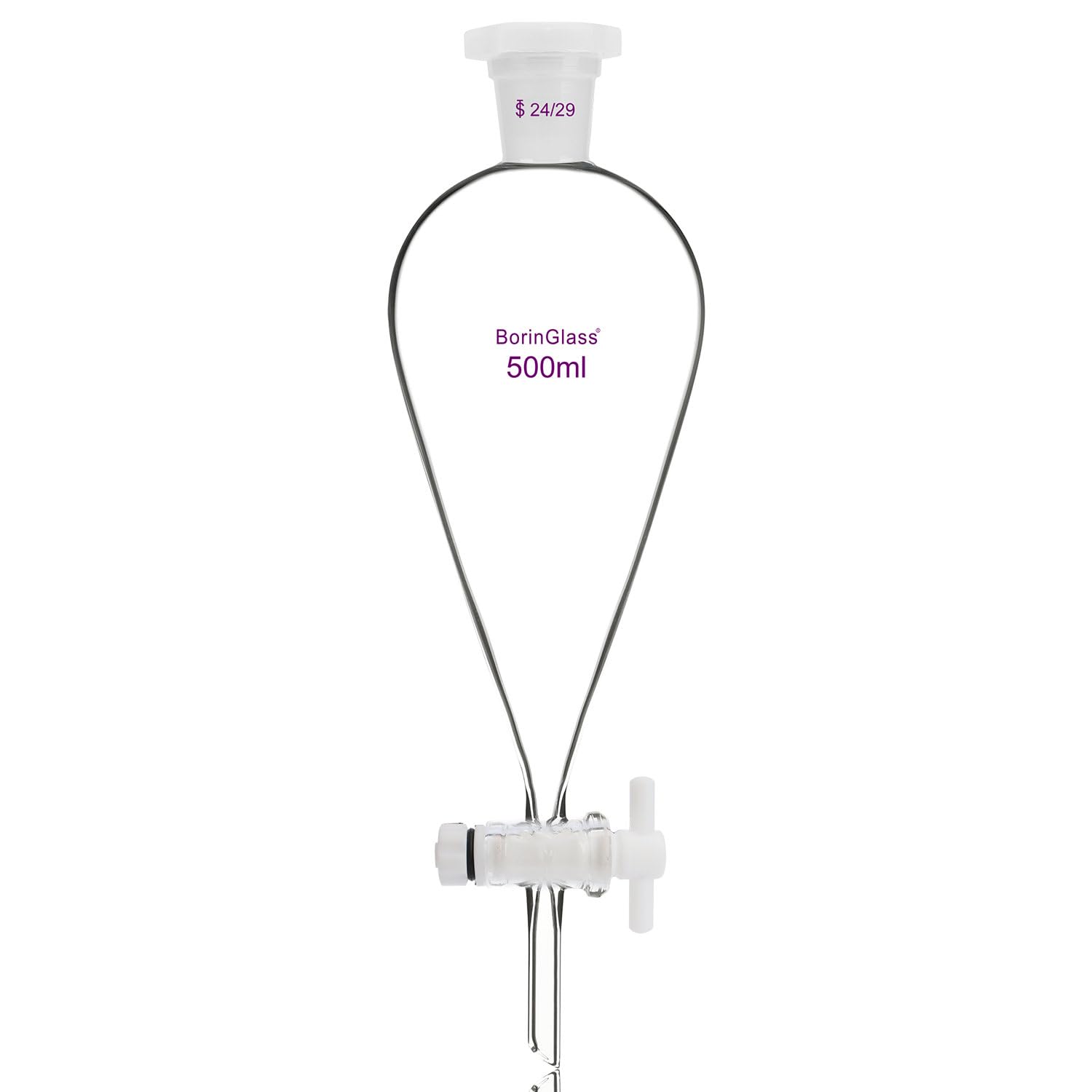 BorinGlass Entonnoir conique 500 ml avec joints 24/29 et robinets PTFE, entonnoir de séparation en verre borosilicate avec design à paroi épaisse