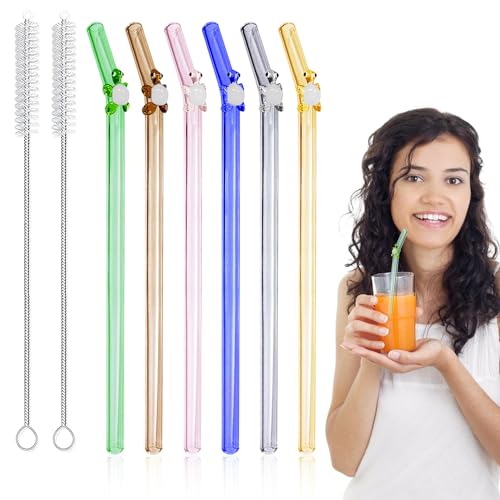 6 Pezzi Cannucce Riutilizzabili di Vetro 8mm Con 2 Spazzole per La Pulizia - Tartarughe Colorate per Bubble Tea, Cocktail e Bevande Calde