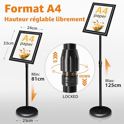 VAIIGO Lot de 6 Porte Affiche A4 sur Pied Extérieur Réglable, Support de Panneau Publicitaire et Présentoir Extérieur pour Support Enseigne, Menu Restaurant, Commerce, Publicité, Vente, Avis (Noir) – vue 3