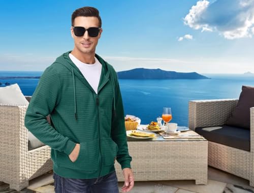 Satankud Men's Jacquard PlaidCloth Lightweight Zipper Hoodie Sweatshirt Jacket Blackish Green Small — view 2
