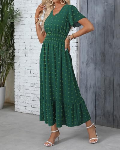 Image of Women Maxi Dresses Boho V Neck Swiss Dot Ruffle Summer Short Sleeve High Waist Tiered Flowy Smocked Cocktail Dresses