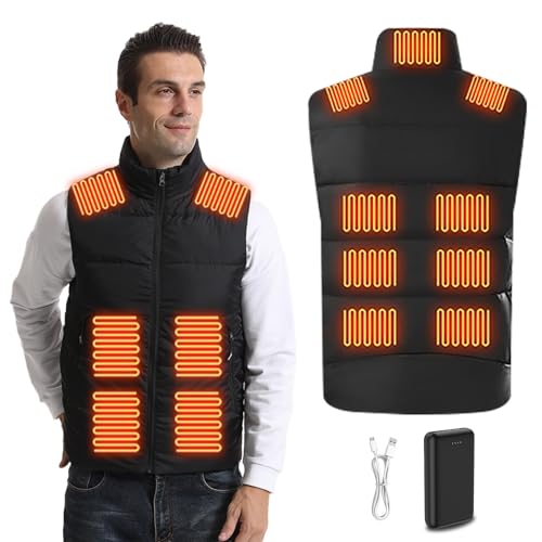 Ylightn Chaleco Calefactable Hombre con Batería USB 10000mAh, 3 Temperatura Ajustable con 15 Zonas Calefactables, Chaqueta Térmica para Deportes Motorizados Viajes al Aire Libre Ciclismo Esquí