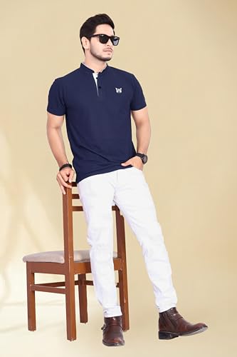 Image of BAGHADBILLO Men's and Boy's Polyster T-Shirt with Mandarin Collared Neck Half Sleeves Closuer Button and Regular Fit | Polo t Shirt for Man