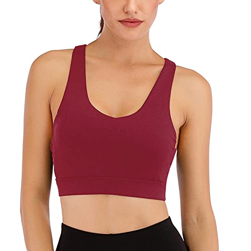 Image of Sports Bras for Women High Impact Support for Yoga Gym Running Workout Fitness Strappy Sports Bra with Padded Removable Cups, Wine Red, Small