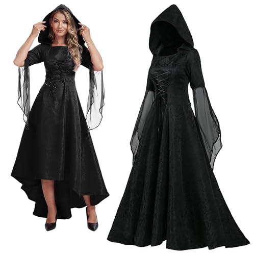 AFJIODUV Mittelalter Kleidung Damen, Vintage Halloween Kleid Damen Gothic Kleid, Mittelalter Renaissance Kleidung Mit Kapuze für Halloween Karneval...