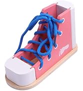 NUOBESTY Learn to Tie Shoes Wooden Lacing Shoe Toy Shoelaces Tying Toy Teaching Kit for Kids, Pink