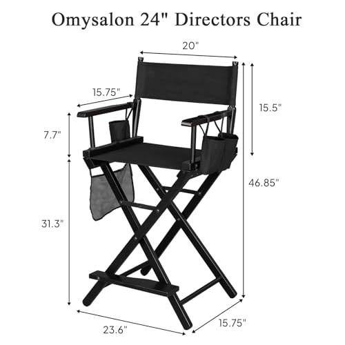mefeir Upgraded 24\" Height Tall Director Chair Folding Artist Makeup with Replacement Cover Canvas, Storage Side Bags, Portable Footrest, Support 250 lbs,Solid Hardwood & Polyester Black - Thumbnail 3